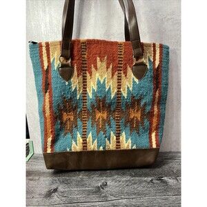 El Paso Saddle Blanket Company Tote Bag Wool Blend Southwestern Aztec Leather